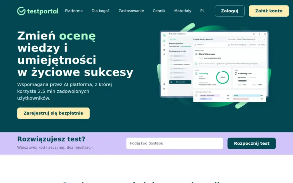 Testportal — strona produktu na stronie producenta (zrzut ekranu)
